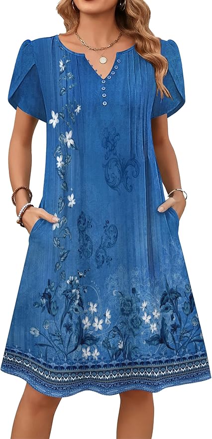 Zeagoo Women's Casual Dresses with Pockets Summer Floral V-Neck A-Line Tshirt Dress Short Sleeve Mini Dress Beach Sundress