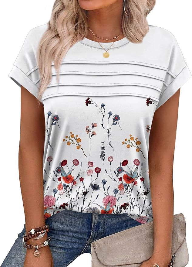WEESO Womens Summer Tops Trendy 2026 Cap Sleeve T Shirts Crew Neck Pleated Front Beach Vacation Clothes Fashion