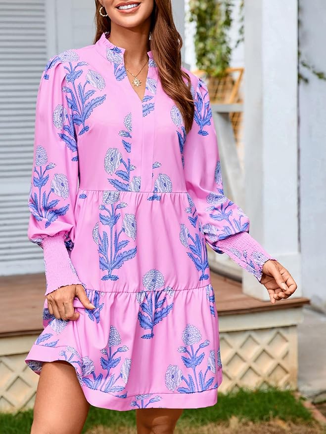 Imily Bela Womens Fall Long Sleeve Tunic Dress Casual V Neck Loose Ruffle Tiered Dress