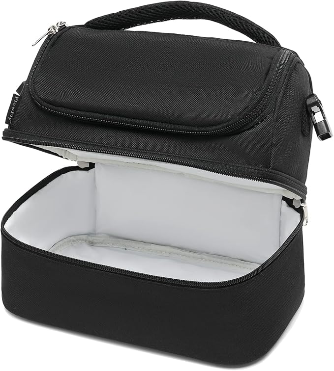 FlowFly Double Decker Cooler Insulated Lunch Bag Large Tote for Boys, Girls, Men, Women, With Adjustable Strap,Black