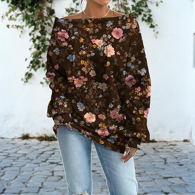 Womens Sweatshirts Floral Print Sexy Off The Shoulder T Shirts Oversized Long Sleeve Pullover Fall Tops