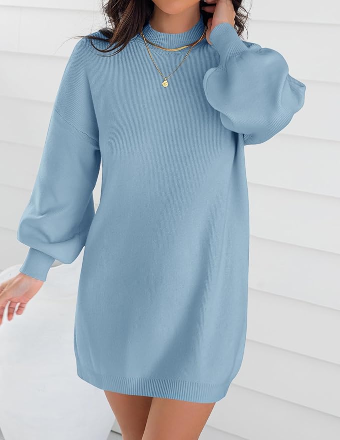 ZESICA Women's 2026 Fall Turtleneck Sweater Dress Oversized Long Lantern Sleeve Casual Knit Pullover Mini Dresses