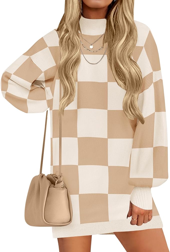 ZESICA Women's 2026 Fall Turtleneck Sweater Dress Oversized Long Lantern Sleeve Casual Knit Pullover Mini Dresses
