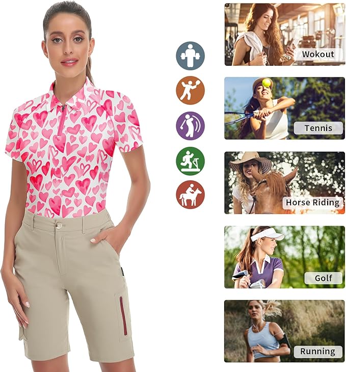 Women's Golf Shirt Short Sleeve Tennis Shirt Quarter Zip Golf Pullover Golf Polo Shirts Argyle Tops