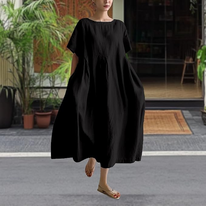 MARSVOVO Patchwork Flowy Dresses for Women Plus Size Loose Casual Tunic Dress Elegant Crewneck Maxi Dresses with Pockets