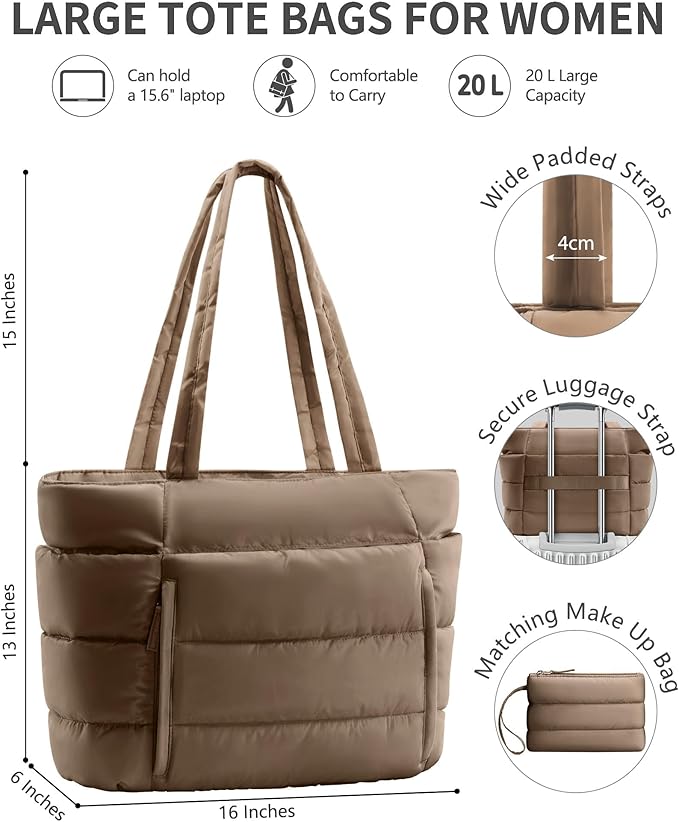 Puffer Tote Bag for Women, Lightweight Puffy Work Handbag Teacher Nurse Quilted Shoulder Bag for School Travel Gym | Quilted, with Zipper, Daily Carry On Bags, Comfy College Bags, 15.6" Laptop Sleeve, Cup Holder Pocket, Portable, Spacious