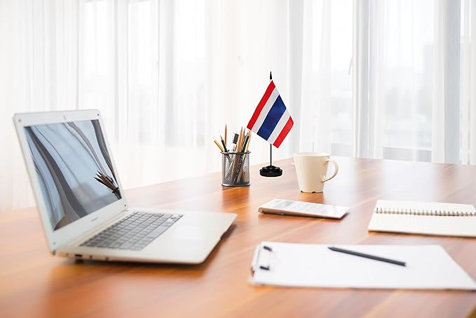 USA American & Thailand Thai Desk Flags, US Thailand Small Mini Table Office Flag, Miniature Thai and US Desktop Flag With 13" Solid Black Pole, Black Base