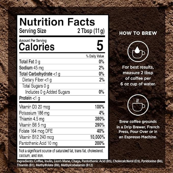 VitaCup Mushroom Coffee Grounds, with Lions Mane, Chaga, B Vitamins, D3, Boost Focus, Immunity, Memory & Clarity, Medium Dark Roast, Bold & Smooth 100% Arabica Specialty, 3 bags, 10oz each