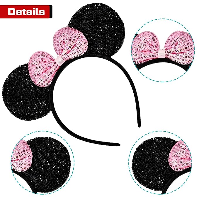 MADO 2 pack mouse ears headbands for adults women little girls boys (sparkle pink, onesize)