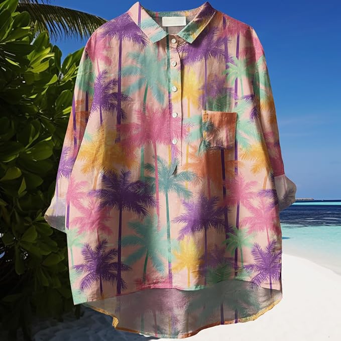 Womens Boho Tops 3/4 Long Sleeve Floral Blouses Hawaii Beach Button Down Shirts V Neck Pullover Casual Tunics