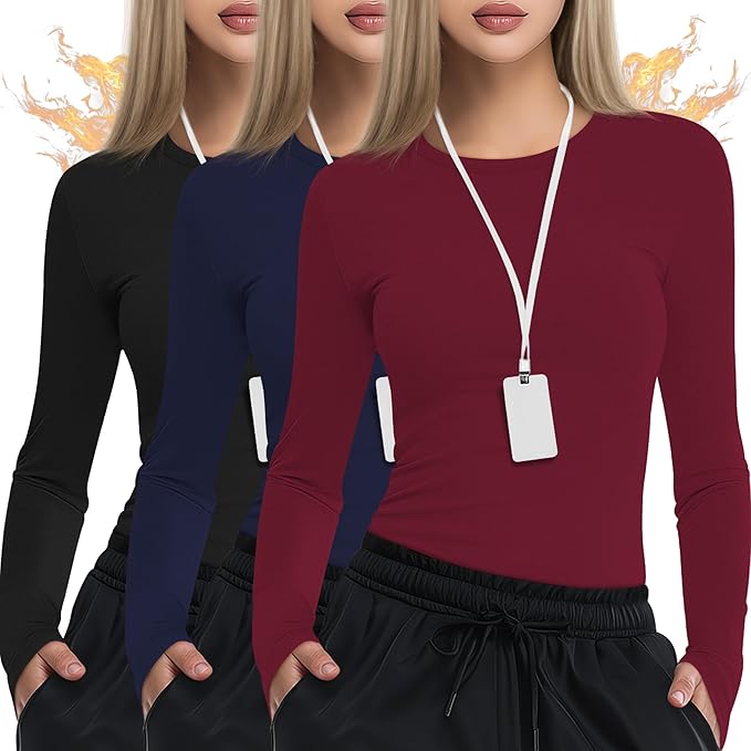 3 Pack Women's Underscrub Shirts Long Sleeve Thermal Scrub Undershirts Nurse Crew Neck Slim Fit Fleece Top Basic Tee