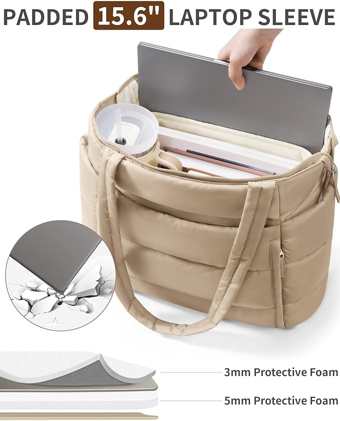 Puffer Tote Bag for Women, Lightweight Puffy Work Handbag Teacher Nurse Quilted Shoulder Bag for School Travel Gym | Quilted, with Zipper, Daily Carry On Bags, Comfy College Bags, 15.6" Laptop Sleeve, Cup Holder Pocket, Portable, Spacious