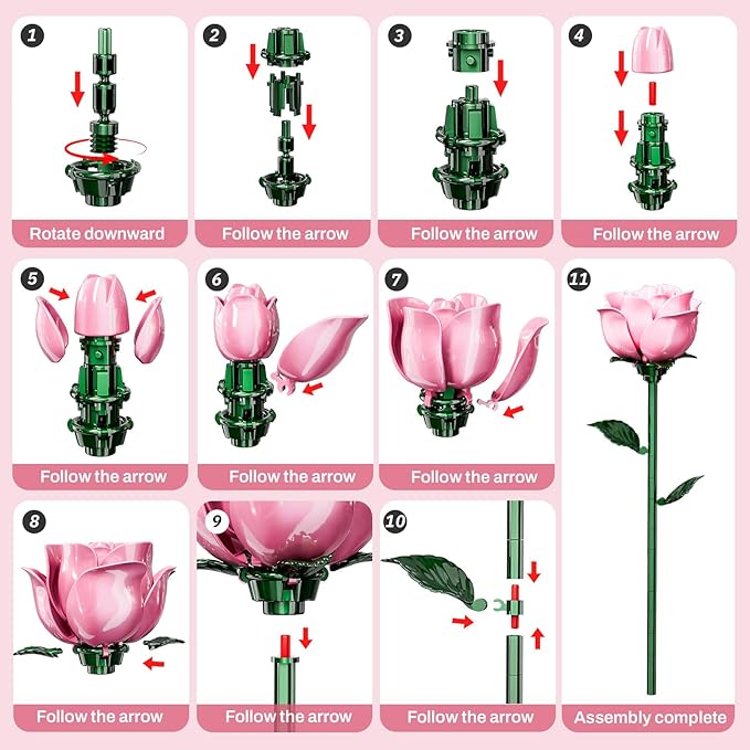 XGSHJ Valentine's Day Gift Pink Rose Bouquet Building Set for Adults Women - 12 Pack Botanical Collection Gift for Christmas Artificial Flowers Botanical Collection Centerpiece Retro Decor
