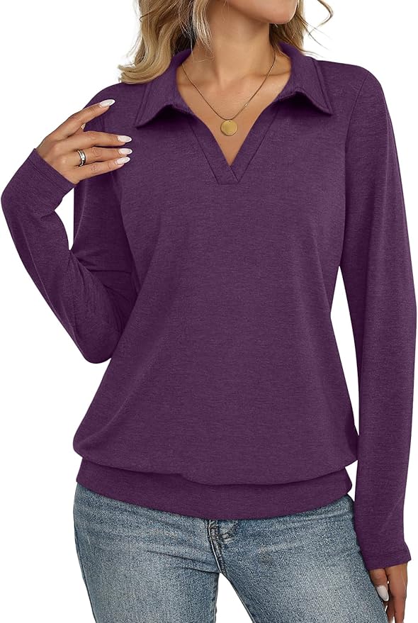 Womens Polo Shirts Long Sleeve Banded Bottom Tops Business Casual Tops Collared V Neck Blouses