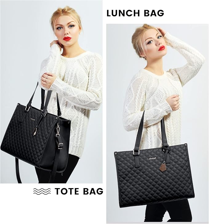 LOVEVOOK Lunch Tote Bag for Women, 17.3 Inch Laptop Bag with Insulated Lunch Compartment, Quilted Large Capacity Computer Handbag with Purse for Business, Work, Nurse, Office, Collage, Casual, Black