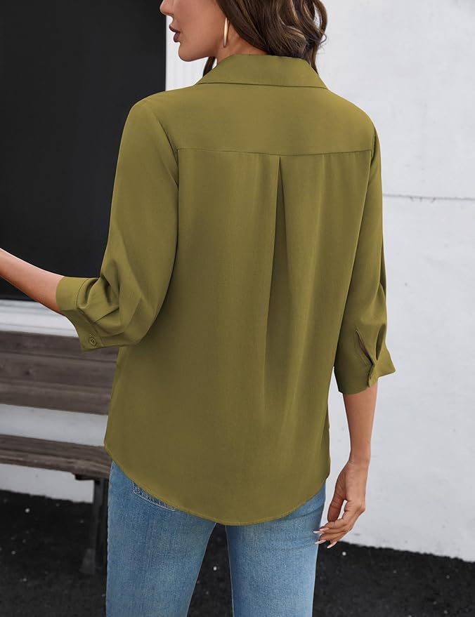 LOMON Womens 3/4 Sleeve Tops V Neck Cotton Linen Work Blouse Polo Shirts for Women Business Casual 2026