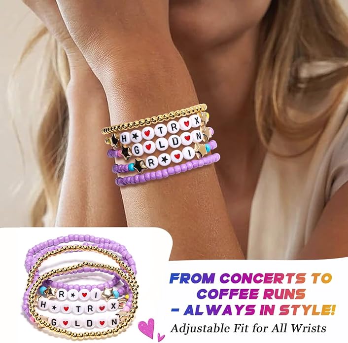 AICase for Korea-Pop Merch Gifts Toys Golden Inspired Bracelets 5 Pcs Stackable Stretch Flower Beaded Bracelets Costume Outfit Merchandise Jewelry Gifts for Fans Christmas Stocking_3110