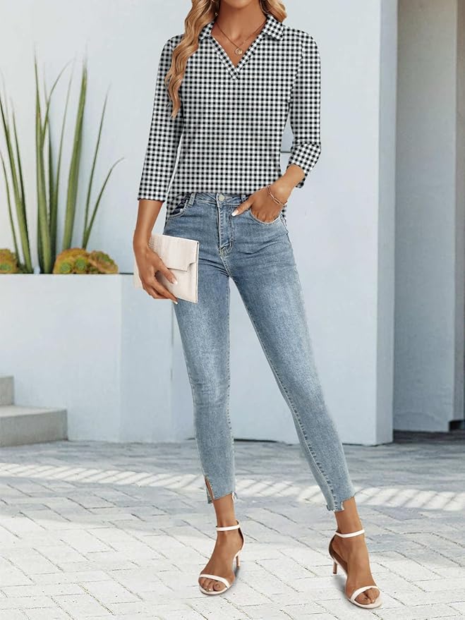 3/4 Length Sleeve Womens Tops Dressy Casual V Neck Polo Shirts Business Work Blouses 2025 Trendy Tunic Top
