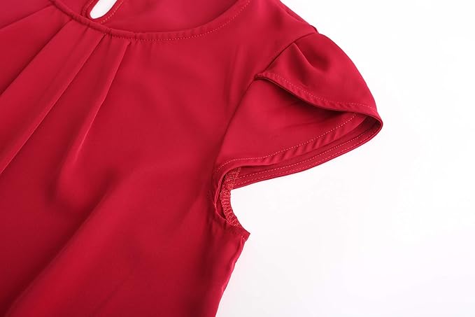 TASAMO Women's Casual Round Neck Basic Pleated Top Cap Sleeve Curved Keyhole Back Chiffon Blouse