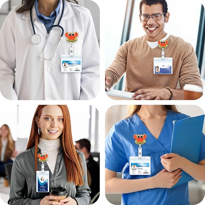 Stay Positive Funny Badge Reel, Cute Crab Retractable ID Card Badge Holder, Name Tag Work Badge Clip for RN LPN CNA MA ER Night Shift Nurse Nursing Student OB Doctor Psychologist Teacher, Nurse Gifts