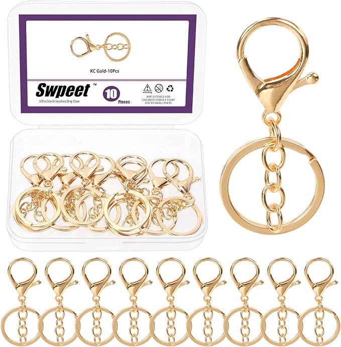 Swpeet 10Pcs Light Gold Lobster Claw Clasps with Key Chain and Flat Split Keychain Ring Assortment Kit, Swivel Clasps Hook Clips Swivel Snaps Hooks for Purse Strap Keychain DIY Crafts