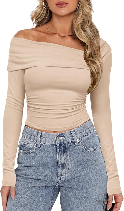 Darong Women's Off Shoulder Tops Y2K Shirt Slim Fit Ruched Crop Top Long Sleeves Spring Fall Blouse Going Out Shirt