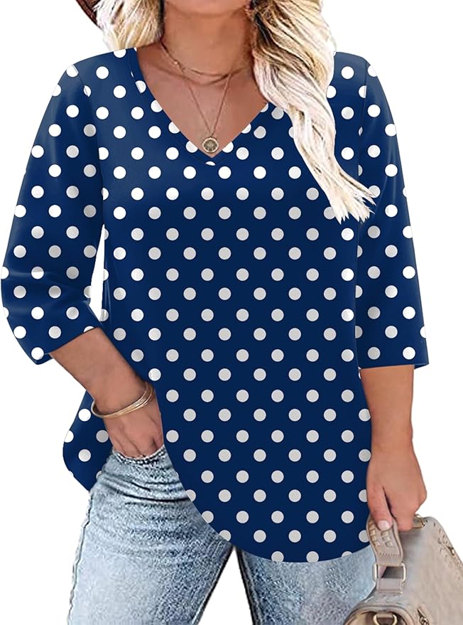 TFSDOD Womens Plus Size Tops V Neck T Shirts 3/4 Sleeve Blouse Summer Casual Tees XL-5X