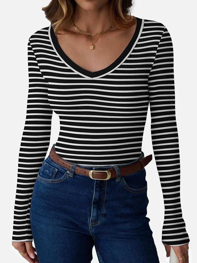 Womens 3/4 Sleeve Scoop Neck Top Ribbed Knit Slim Fitted Casual Basic Tee Shirts 2025 Fall Trendy Work T-Shirt Outfits