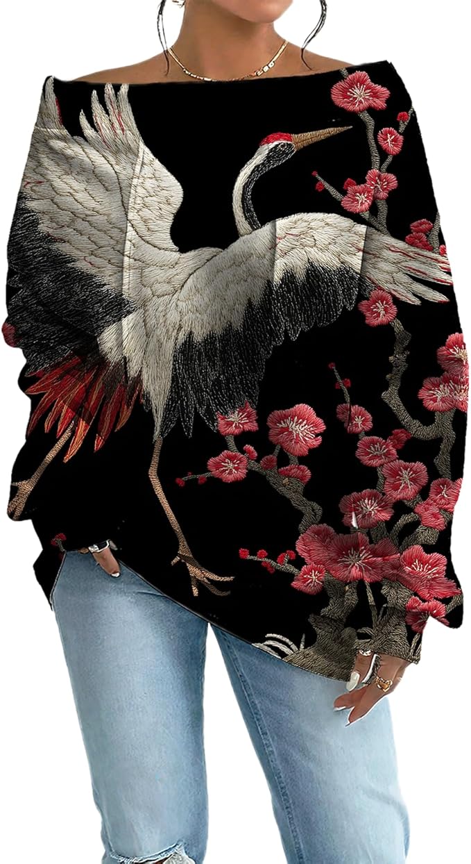 Womens Sweatshirts Floral Print Sexy Off The Shoulder T Shirts Oversized Long Sleeve Pullover Fall Tops