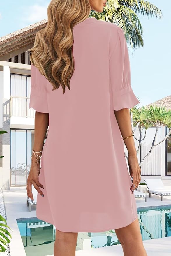 Wkior Shift Dress for Women V Neck Short Sleeves Solid Color Casual Flowy Summer Dresses(S-2XL)