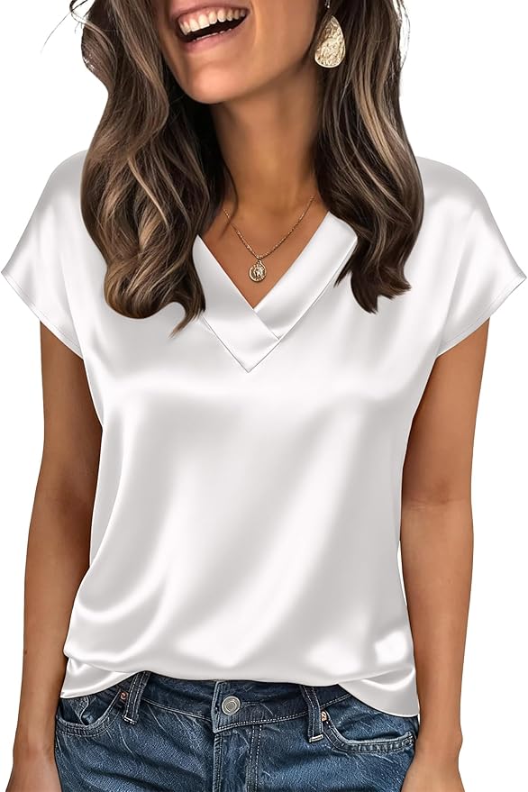 Zeagoo Women Silk Satin Tops Cap Short Sleeve Blouse V Neck Shirts Business Casual Outfits S-2XL