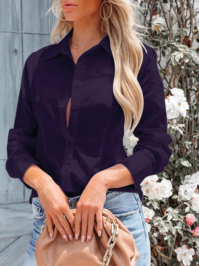 siliteelon Women's Button Down Shirts Long Sleeve Dress Shirts Wrinkle Free Collared Work Office Solid Blouses Corset Tops