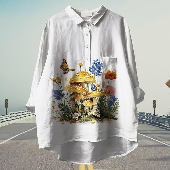 Women Funny Graphic Long Sleeve Floral Blouses Plus Size Button Shirts Casual Cute Vneck Fall Tunic Tops Trendy