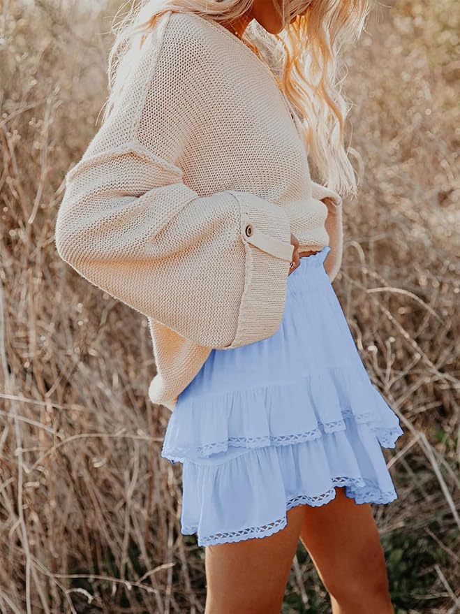 Aoudery Flowy Shorts for Women Casual Boho Ruffle Tiered Skorts High Waist Mini Skirts Golf Tennis Crochet Shorts