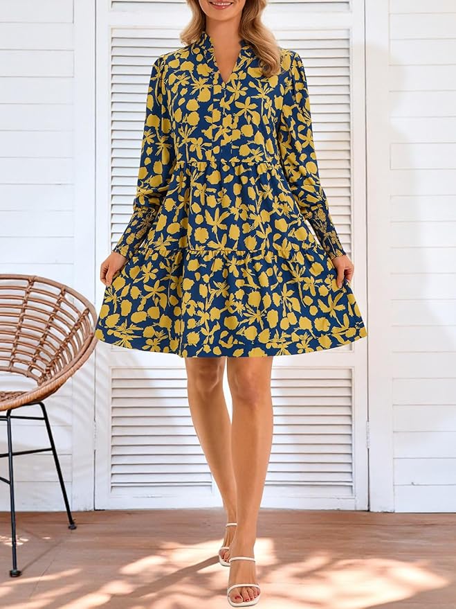 Imily Bela Womens Fall Long Sleeve Tunic Dress Casual V Neck Loose Ruffle Tiered Dress