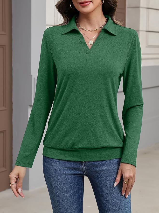 Womens Polo Shirts Long Sleeve Banded Bottom Tops Business Casual Tops Collared V Neck Blouses