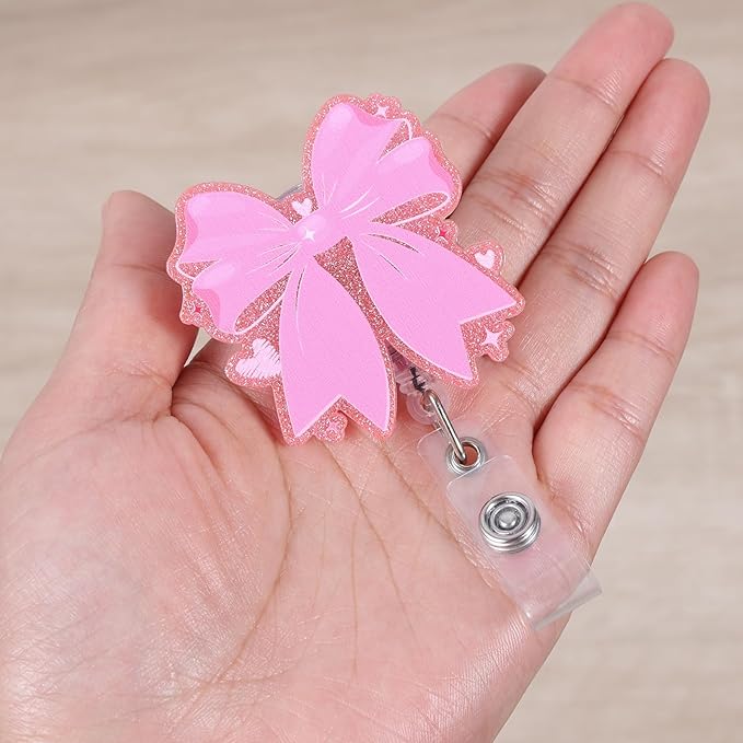 Pink Bow Heart Badge Reel, Cute Retractable ID Card Badge Holder, Name Tag Work Badge Clip for ICU RN LPN CNA MA ER Night Shift Nurse Nursing Student Pediatric Doctor Librarian Teacher, Nurse Gifts