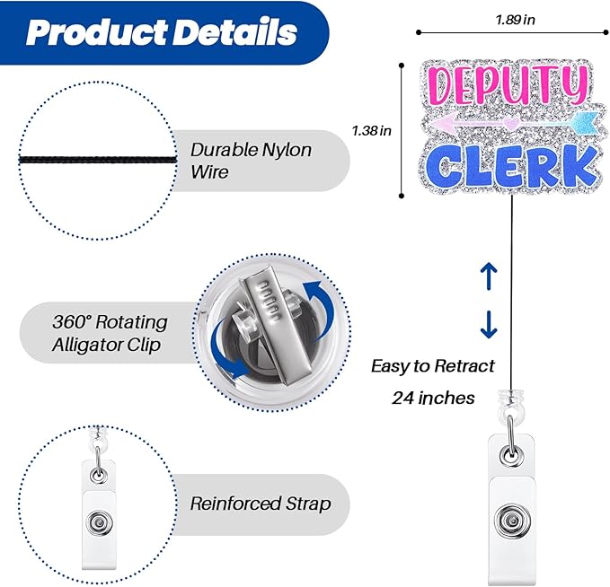 Sparkly Deputy Clerk Badge Reel - Glitter Retractable ID Holder for Courtroom Worker, Funny Lawyer Badge Clip with Strong Clip | Cool Judicial Staff Deputy Clerk/Assistant Gift