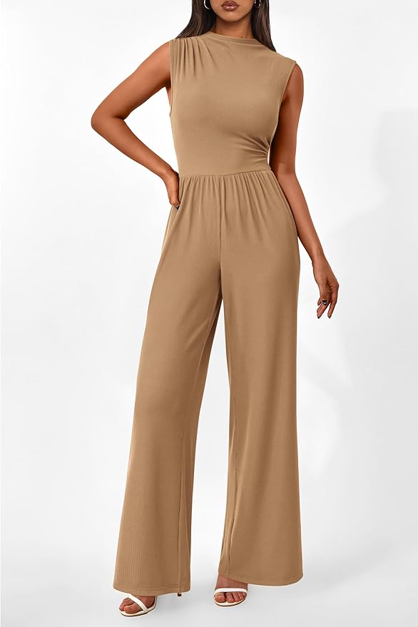 PRETTYGARDEN Womens Summer Jumpsuits Dressy Casual One Piece Outfits Sleeveless Mock Neck Wide Leg Pants Rompers with Pockets