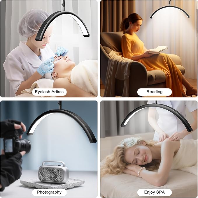Half Moon Lash Light - Adjustable LED Floor Lash Lamp with 4X Magnifier & Phone Holder for Eyelash Extensions,Nail Art,Tattoo,Skincare,Salon SPA-Dimmable Brightness,Rotating Head, Black