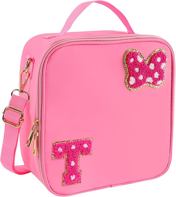 Preppy Initial Bow Mouse Lunch Bag, Kids Insulated Lunch Box Gifts for Teen Girls Daughter, Reusable Soft Lunch Containers Crossbody Cooler Bag Must Haves for Park Travel School Work Picnic Pink T