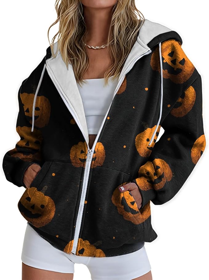 domirica Halloween Hoodie Lightweight Zip Hoodies For Women Fall Casual Vintage Sweatshirt Casual Wear Fashion Outfits