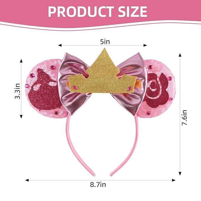 Seamoy Sequin Mouse Ears Headband,Pink Elsa Mice Ears Headband, Sleeping Beauty Costume Headwear, Princess Aurora Costume (Elsa Pink)