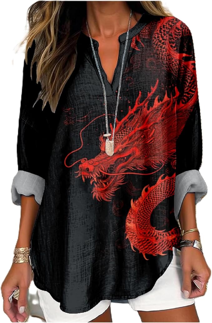 MARSVOVO V Neck Shirt For Women Boho Multi Style Blouse Long Sleeve Novelty Graphic Plus Size Pullover Tops For Women