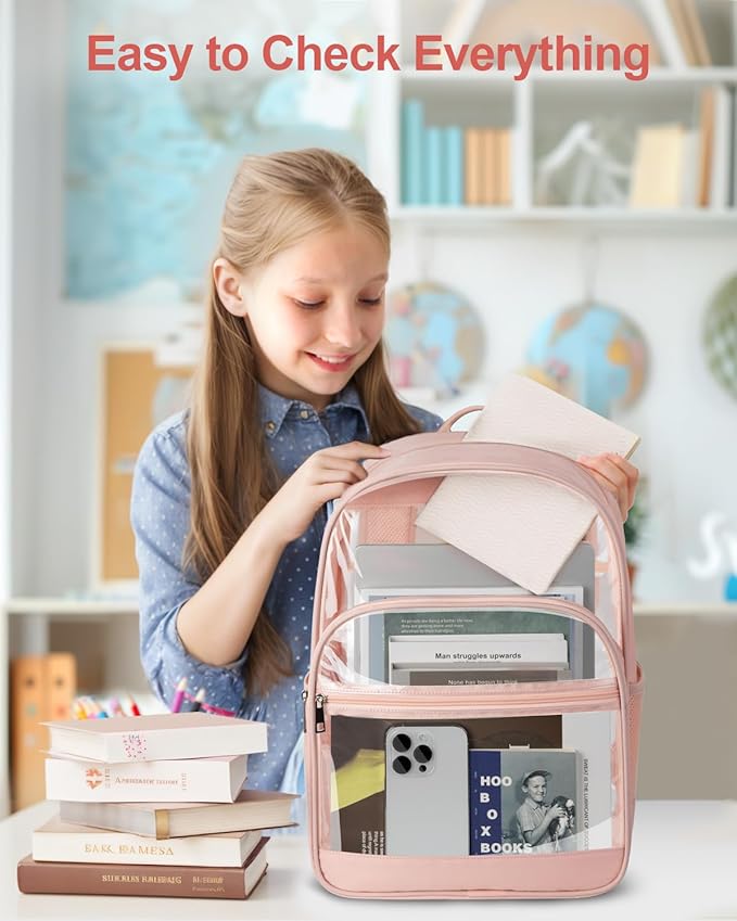 KIMNERPU Clear Backpack, Heavy Duty Transparent Bookbag for School, Fabric & PVC Transparent Backpack with Reinforced Strap for Women Men, Capacity Clear Bag for College, Travel, Security, Pink