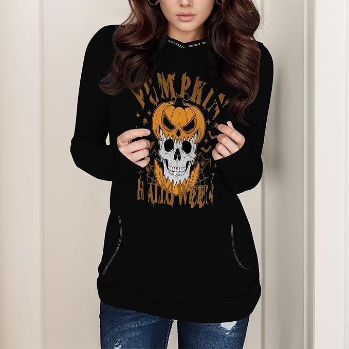 domirica Halloween Hooded Sweatshirt Long Sleeve Pocket Trendy Pumpkin Skull Sweatshirt Halloween Costumes For Holiday Party