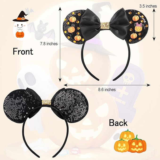 ETLUK Halloween Headband with Pumpkin & Orange Acrylic Rhinestones, Sparkly Sequin Bow Halloween Mouse Ears Accessories for Women, Girls, Adults