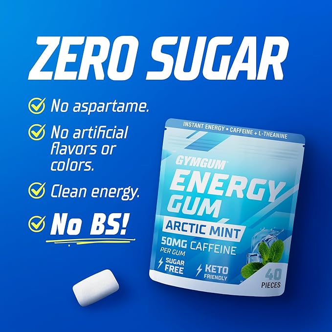 GYMGUM Energy Caffeine Gum | 50mg Caffeine | Sugar-Free, Keto-Friendly | Fast-Acting Energy & Focus Gum with Guarana & L-Theanine (10 Pieces)