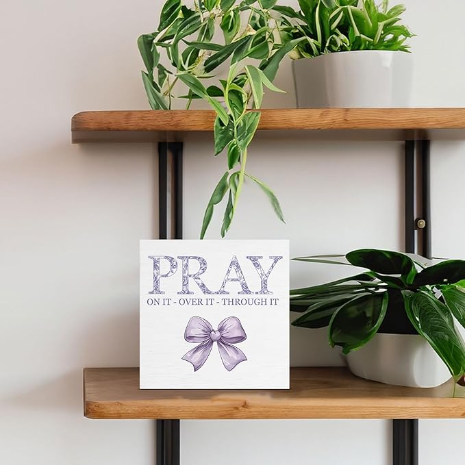 Purple Bow Room Decor, Inspirational Christian Gifts for Women, Pray on it Pray Through it Bible Verse Wooden Sign for Home Office Desk Decoration