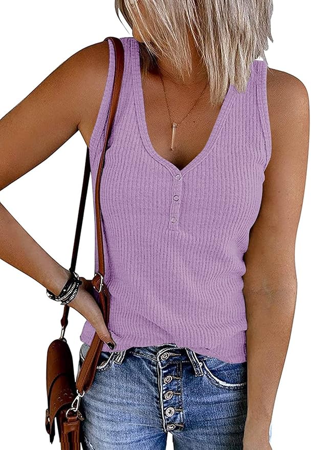 MEROKEETY Women's 2026 Summer Sleeveless Tank Tops V Neck Ribbed Dressy Casual Henley Shirts Button Loose Cami Tees